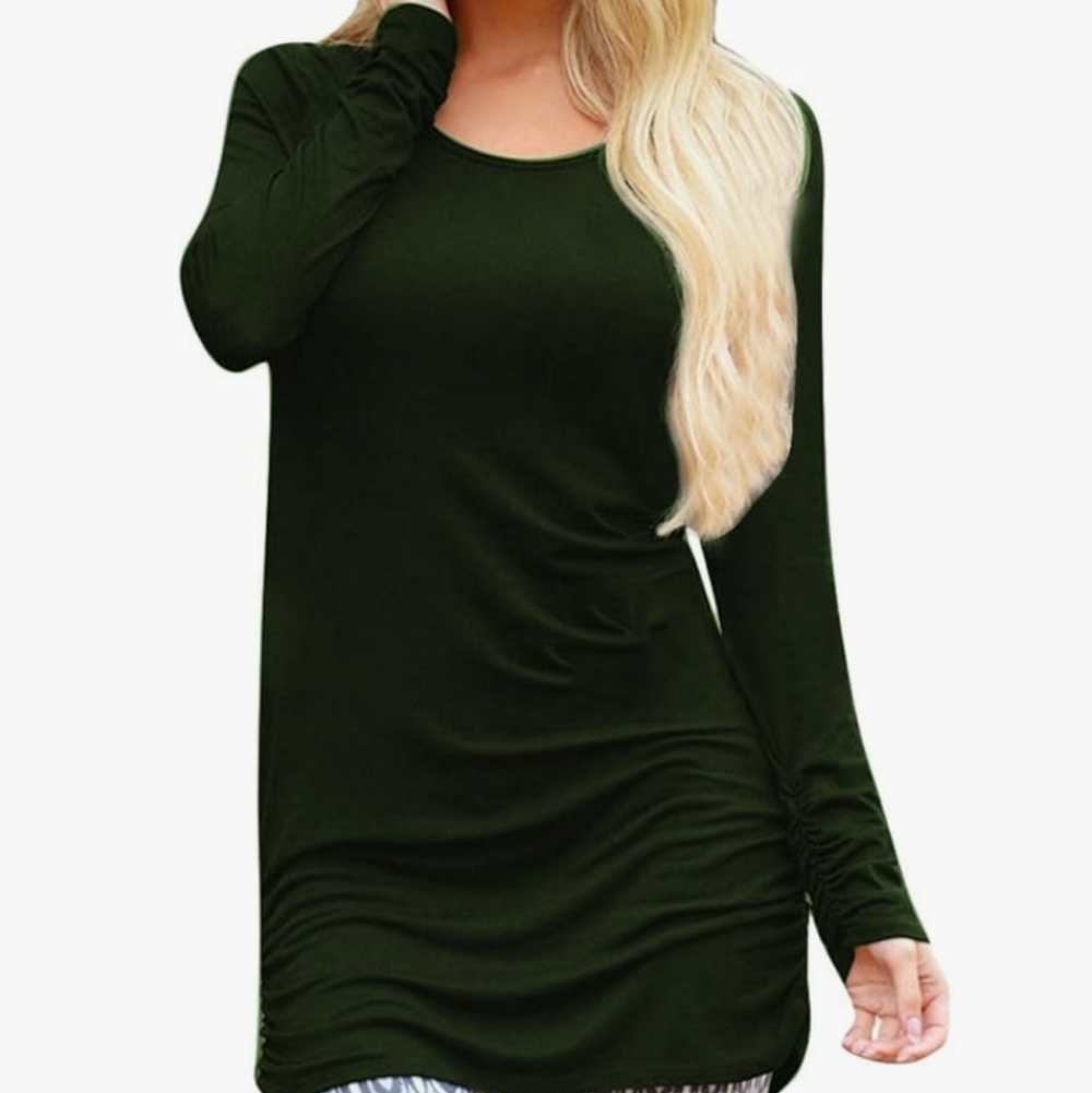Women's Deep Green Long Sleeve Tunic Top With Ruching Sz Sm